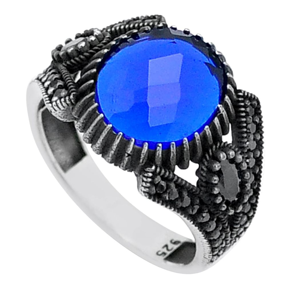 6.63cts checker cut blue sapphire (lab) topaz 925 silver mens ring size 9 c28124