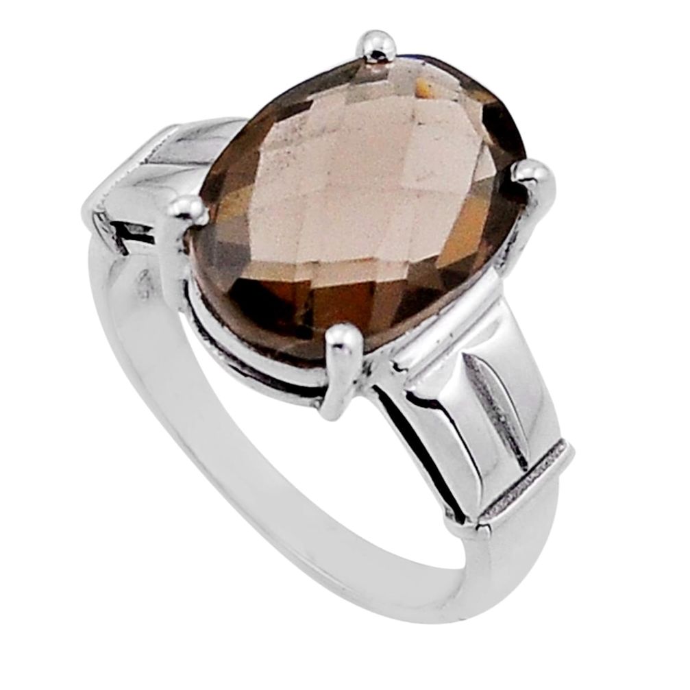 6.05cts checker cut brown smoky topaz oval sterling silver ring size 8 n50966