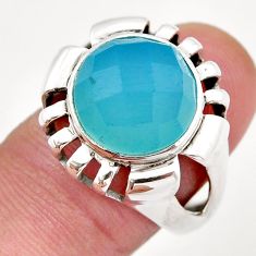 6.32cts checker cut natural aqua chalcedony round 925 silver ring size 8 y33622