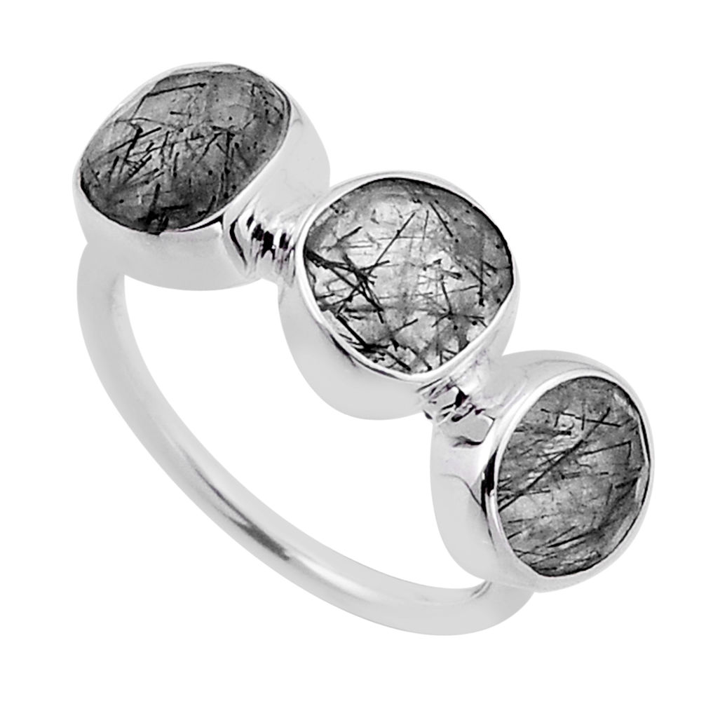 9.74cts checker cut natural black tourmaline rutile silver ring size 8 n48750