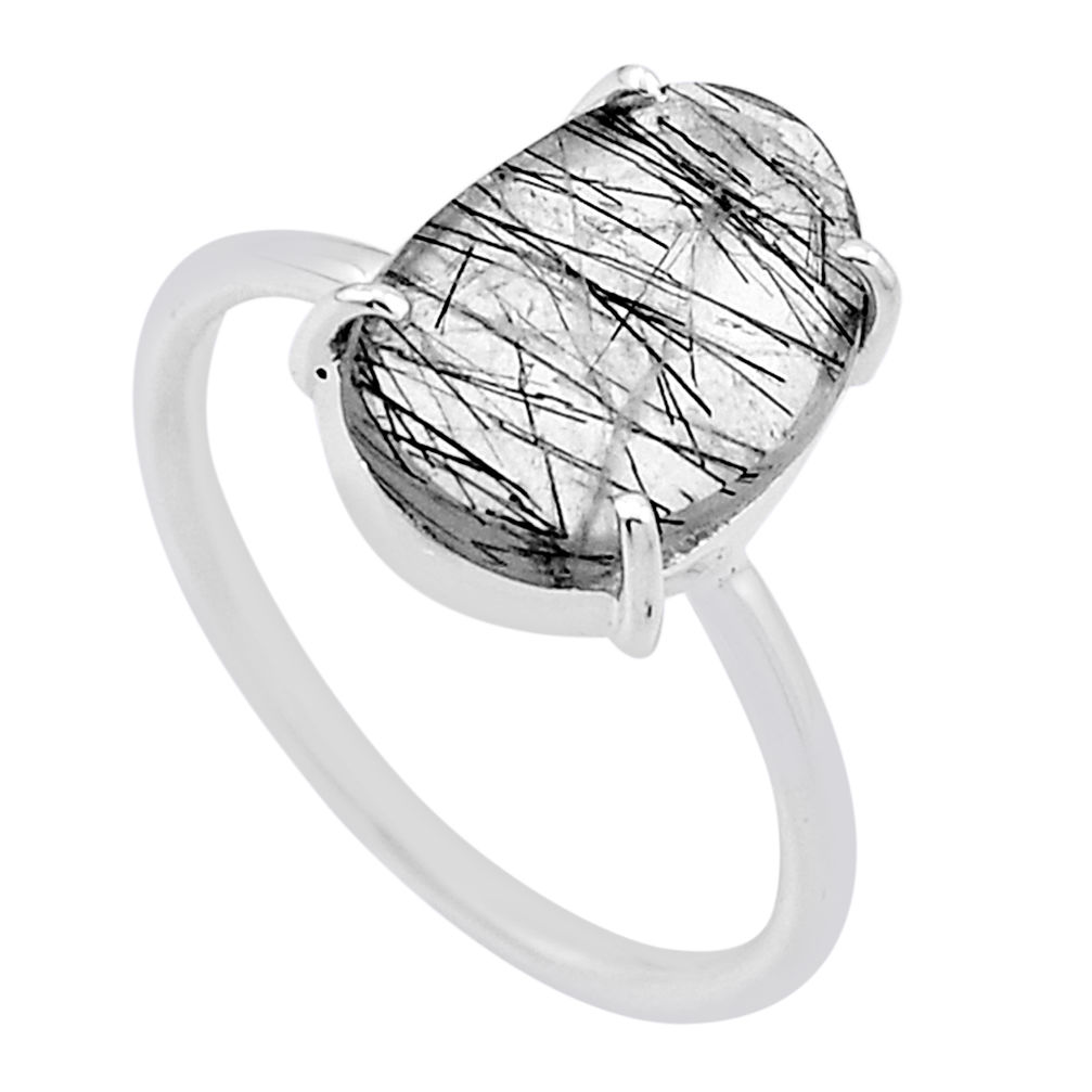 5.74cts checker cut natural black tourmaline rutile silver ring size 9 n48310