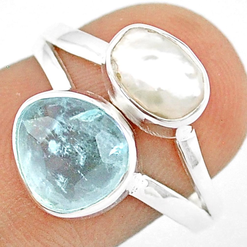 7.71cts checker cut sea life natural blue aquamarine pearl 925 silver ring size 8 u26225