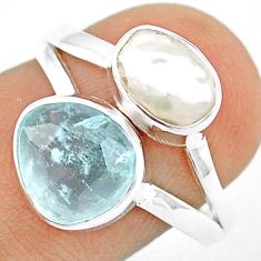 7.71cts checker cut natural blue aquamarine pearl 925 silver ring size 8 u26225