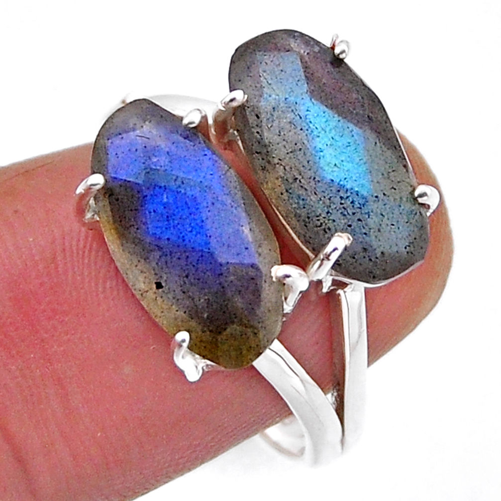 9.16cts checker cut natural blue labradorite 925 silver ring size 7.5 n52838