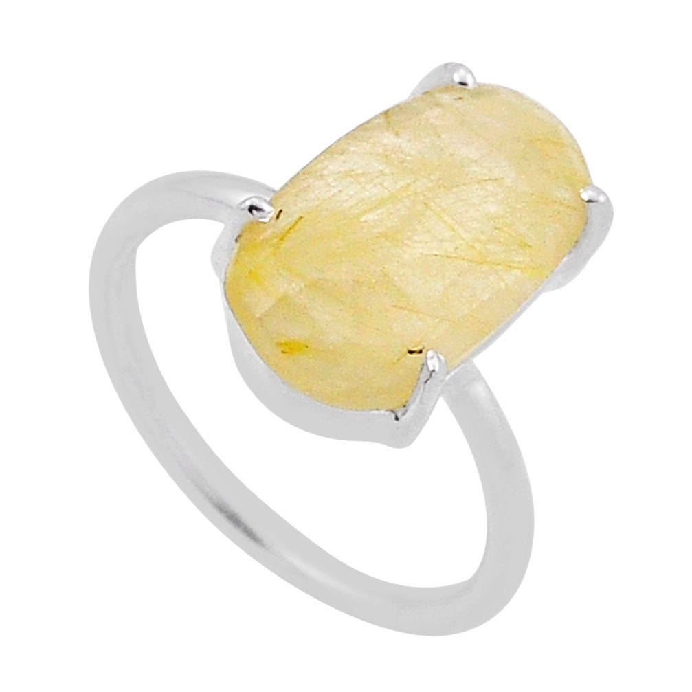 5.85cts checker cut natural golden tourmaline rutile silver ring size 6 n48315