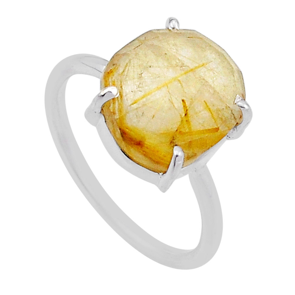 4.30cts checker cut natural golden tourmaline rutile silver ring size 7 n48307