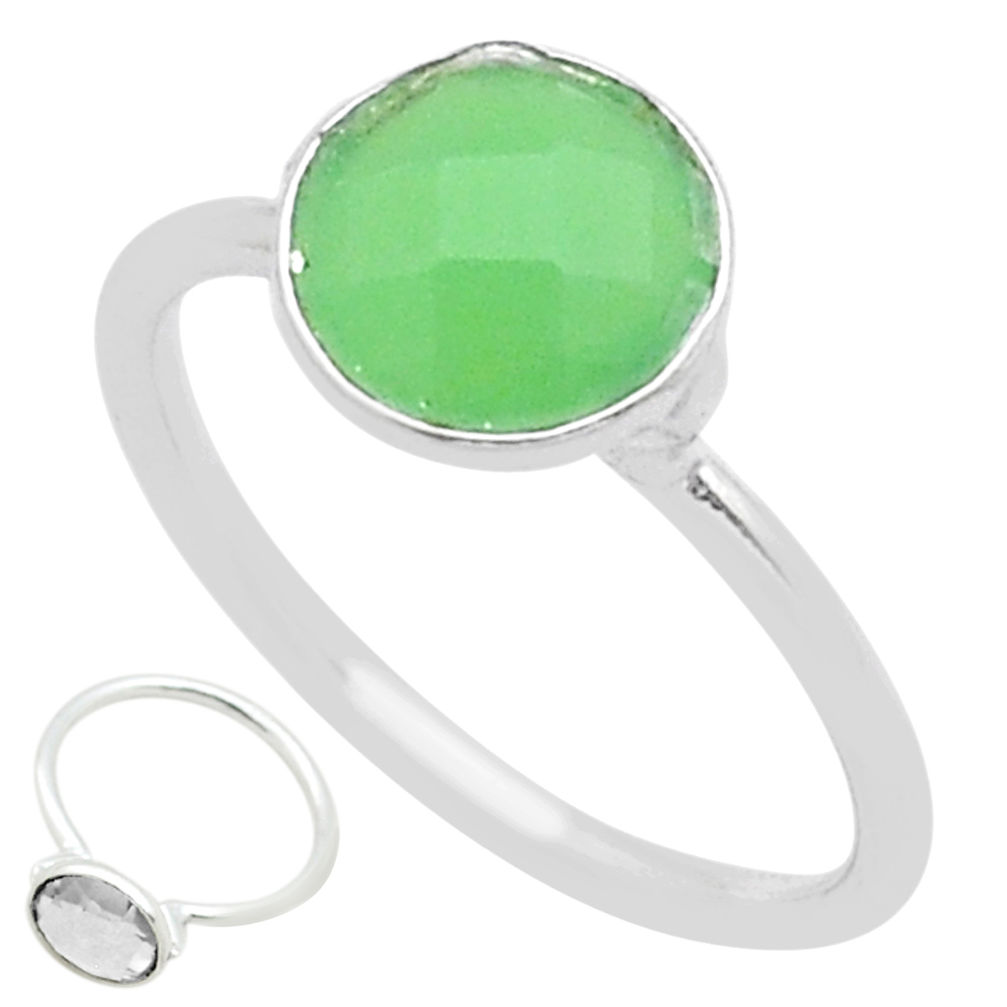 2.89cts checker cut natural green chalcedony round 925 silver ring size 7 u54490