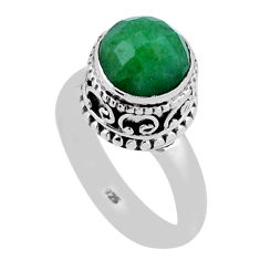 5.24cts checker cut natural green emerald round 925 silver ring size 8.5 n42168