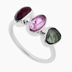 6.43cts checker cut natural multi color tourmaline silver ring size 7.5 n48746