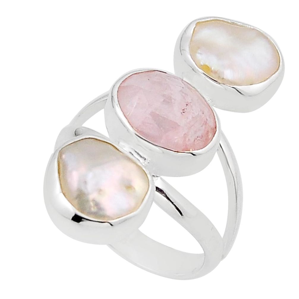 10.02cts checker cut natural orange morganite pearl silver ring size 6 y91026