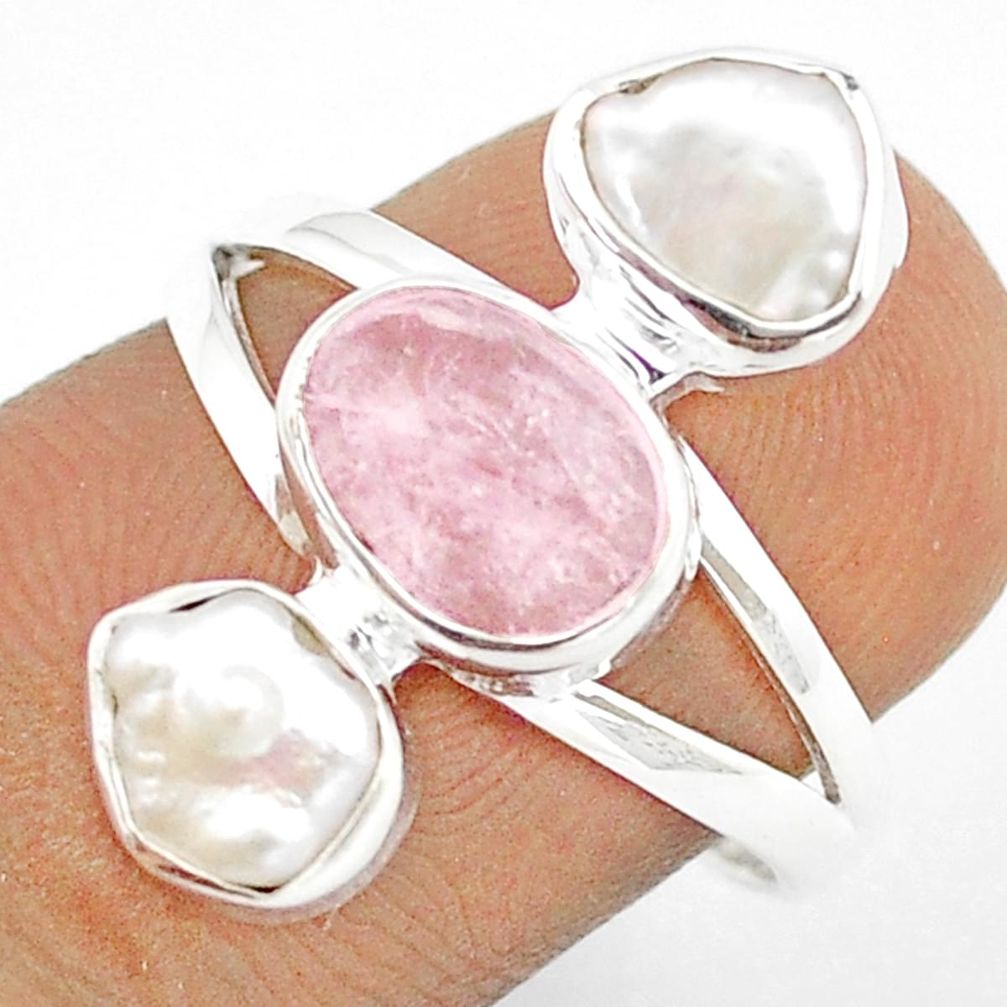 7.71cts checker cut natural pink morganite pearl 925 silver ring size 8 u26191
