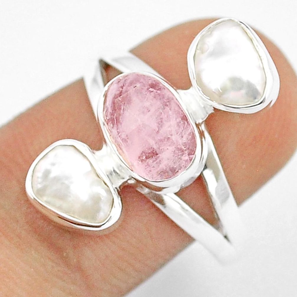 7.71cts checker cut natural pink morganite pearl 925 silver ring size 9 u26185