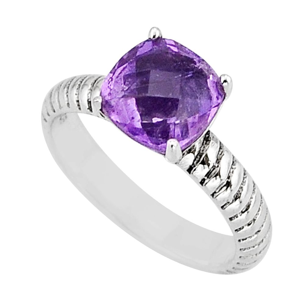 2.86cts checker cut natural purple amethyst cushion silver ring size 6.5 y66731