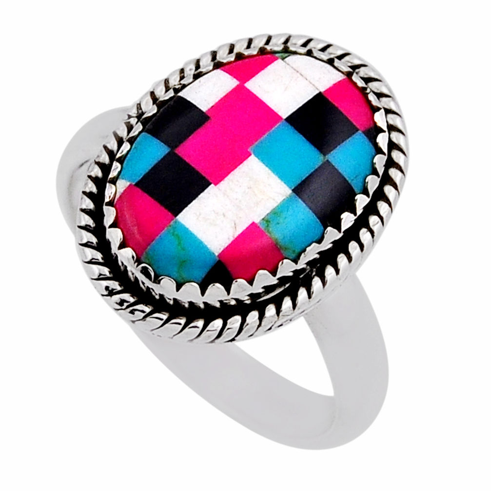 6.22cts checker pink black blue white strip opal 925 silver ring size 9 n39375
