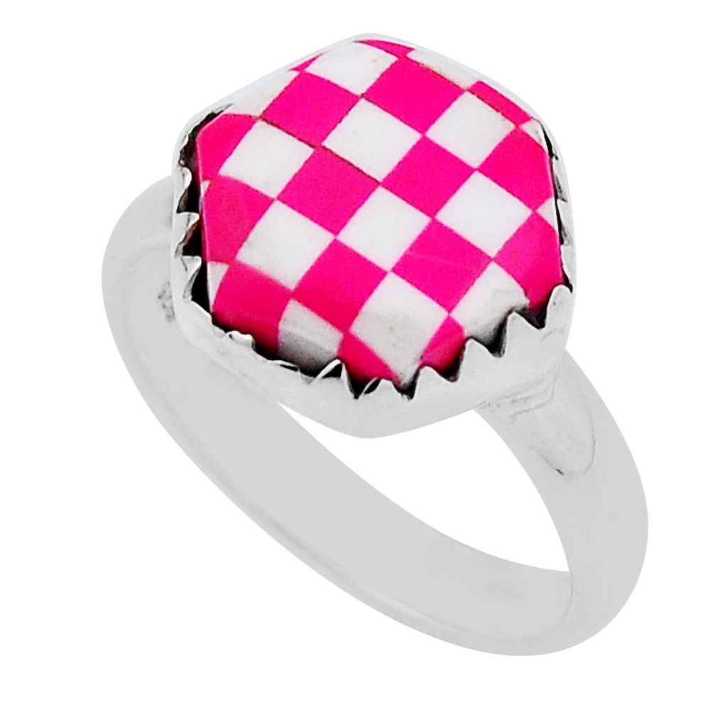 4.46cts checker pink white strip opal hexagon 925 silver ring size 7.5 n33026