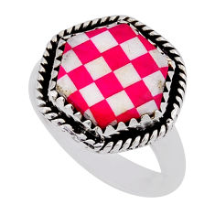 5.32cts checker pink white strip opal hexagon shape silver ring size 7 n39361
