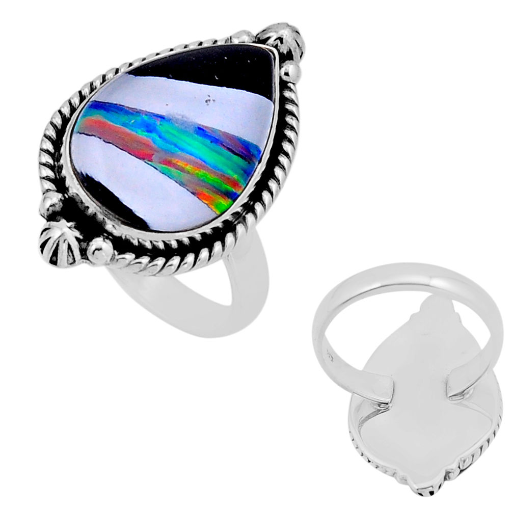 10.54cts checkers green white black strip opal pear silver ring size 6 n54130