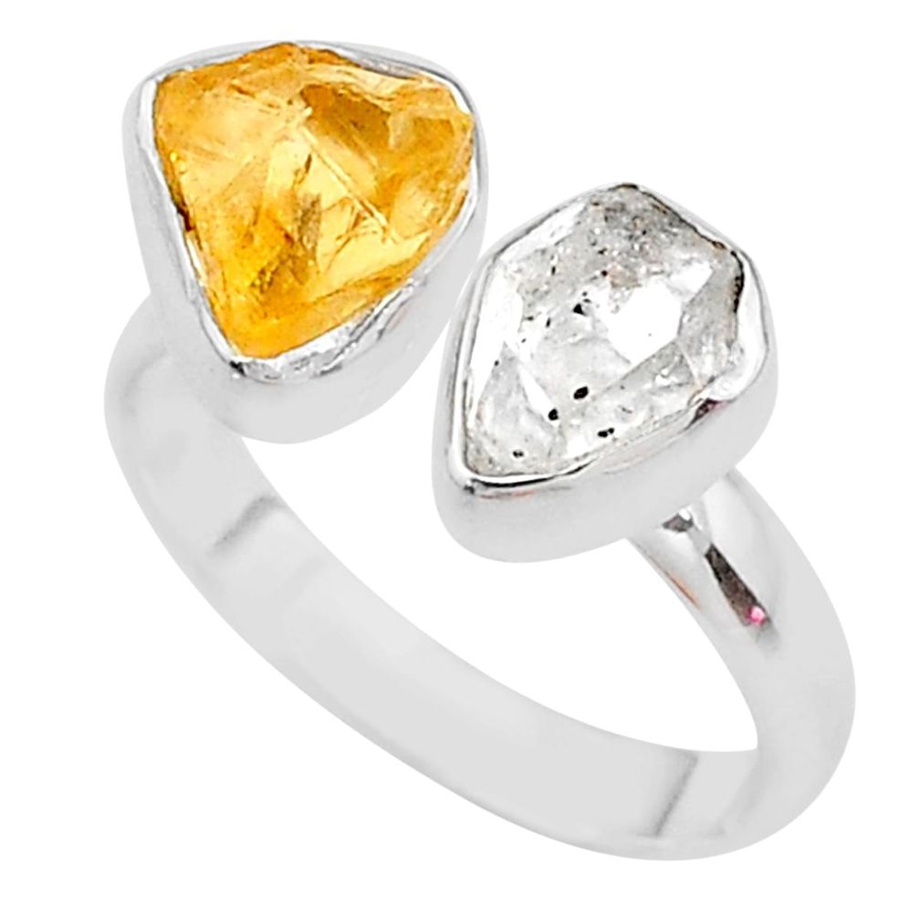 8.73cts citrine raw herkimer diamond 925 silver adjustable ring size 8 t9886
