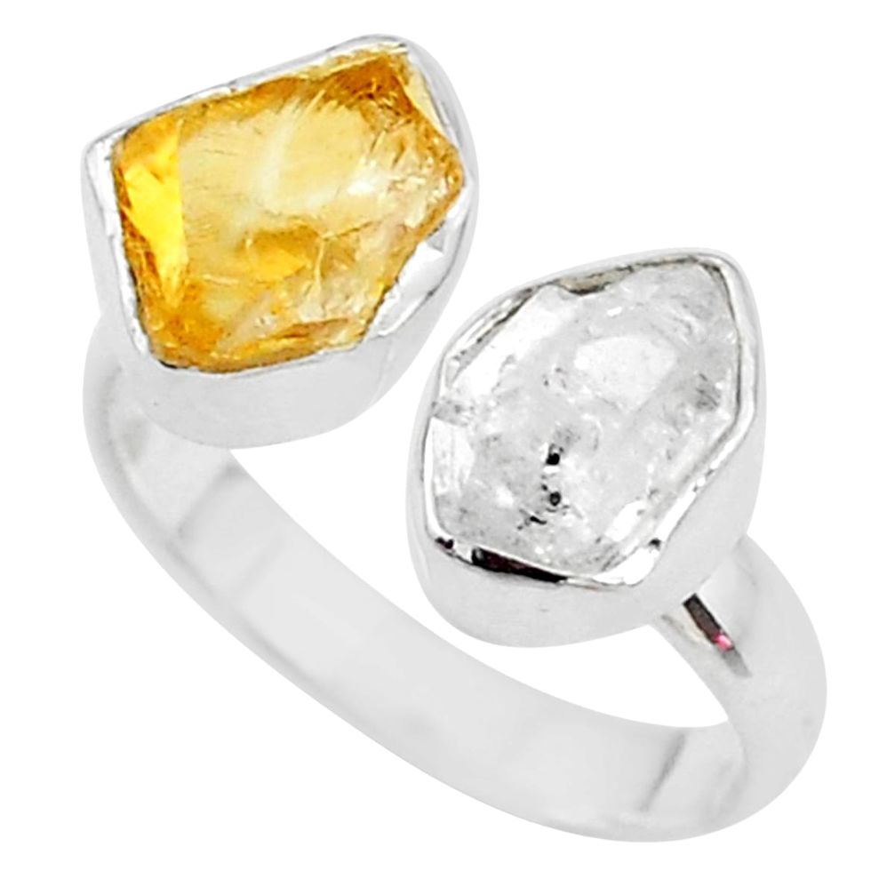 9.18cts citrine raw herkimer diamond 925 silver adjustable ring size 7.5 t9904