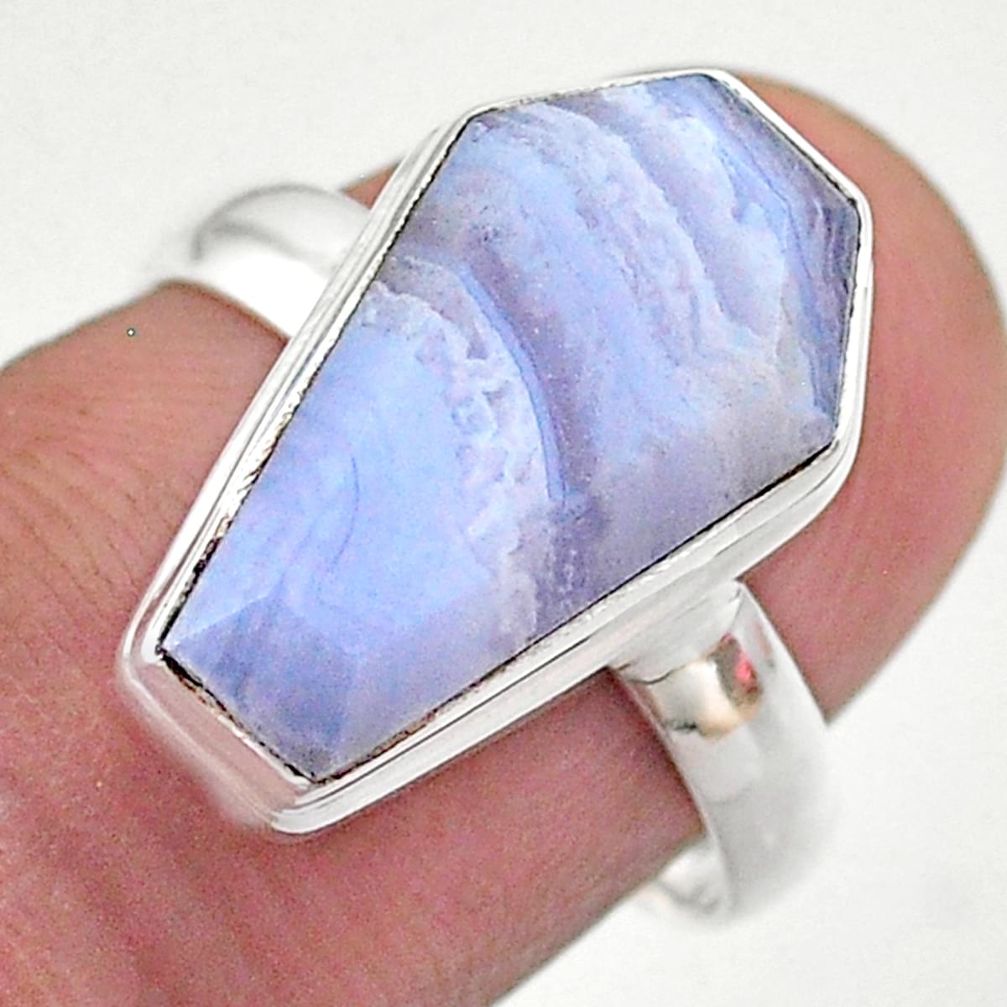 6.27cts coffin natural blue lace agate 925 silver solitaire ring size 8 t48396