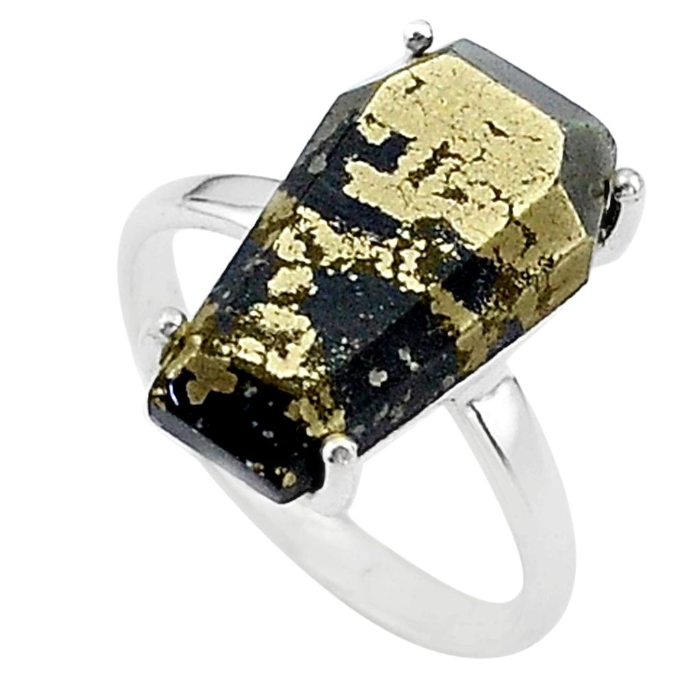 8.84cts coffin natural golden pyrite in magnetite 925 silver ring size 7 t17304
