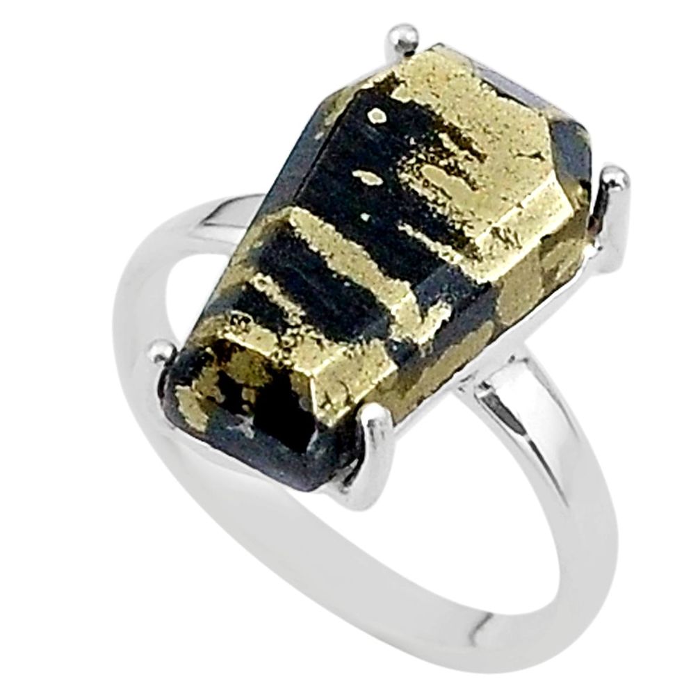 8.56cts coffin natural golden pyrite in magnetite 925 silver ring size 7 t17306