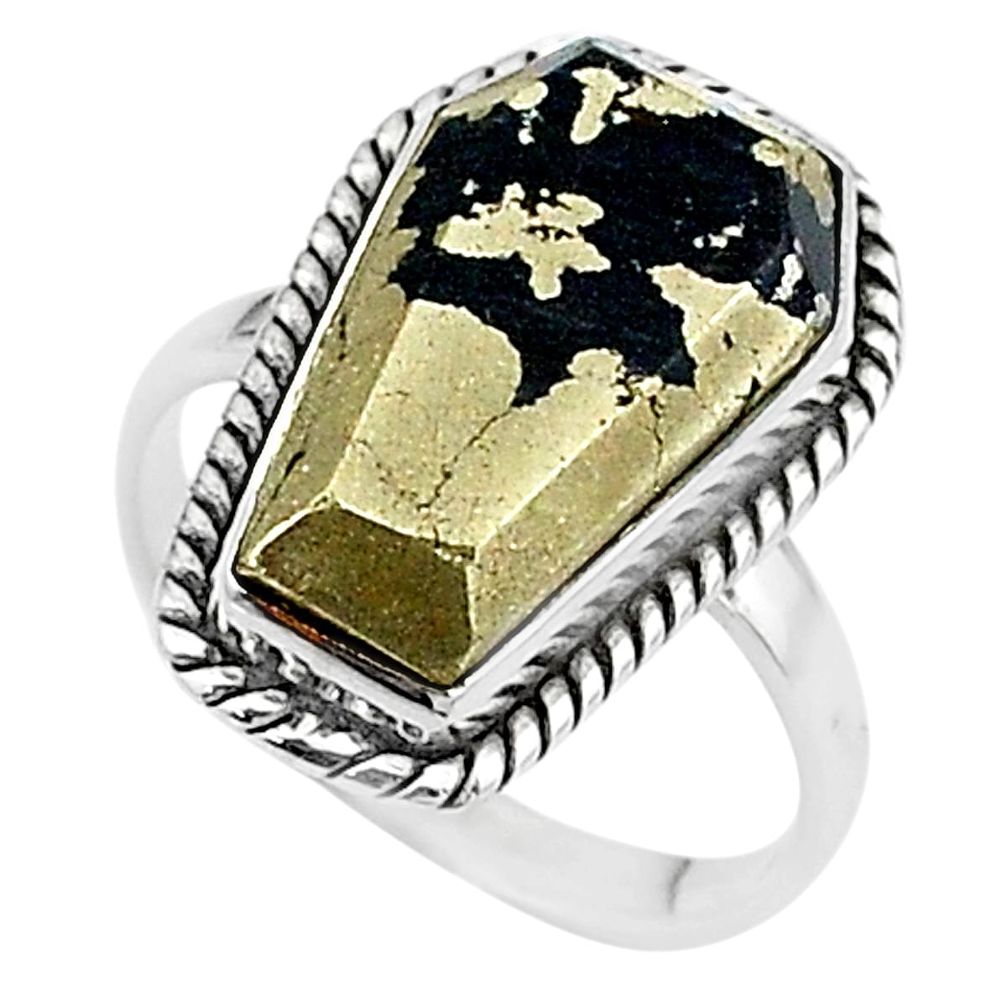 8.66cts coffin natural golden pyrite in magnetite 925 silver ring size 7 t17443