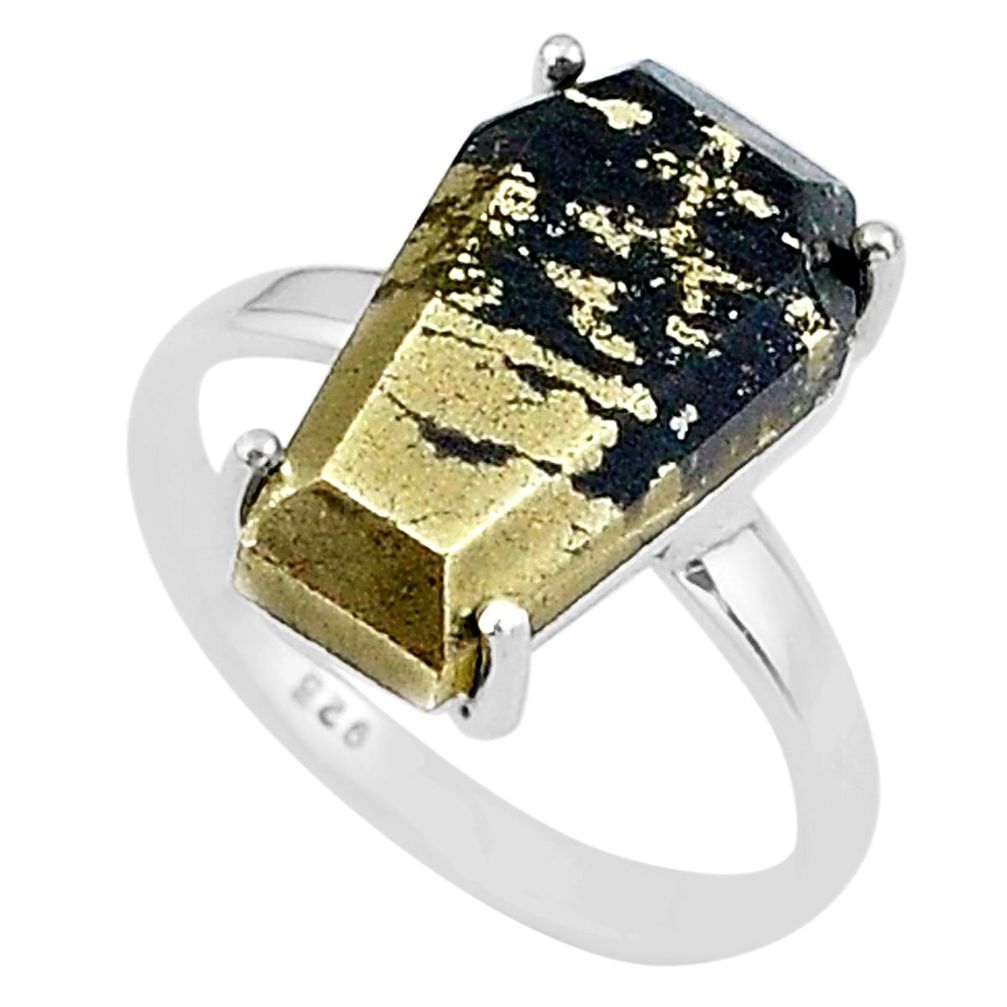 8.87cts coffin natural golden pyrite in magnetite 925 silver ring size 8 t17309