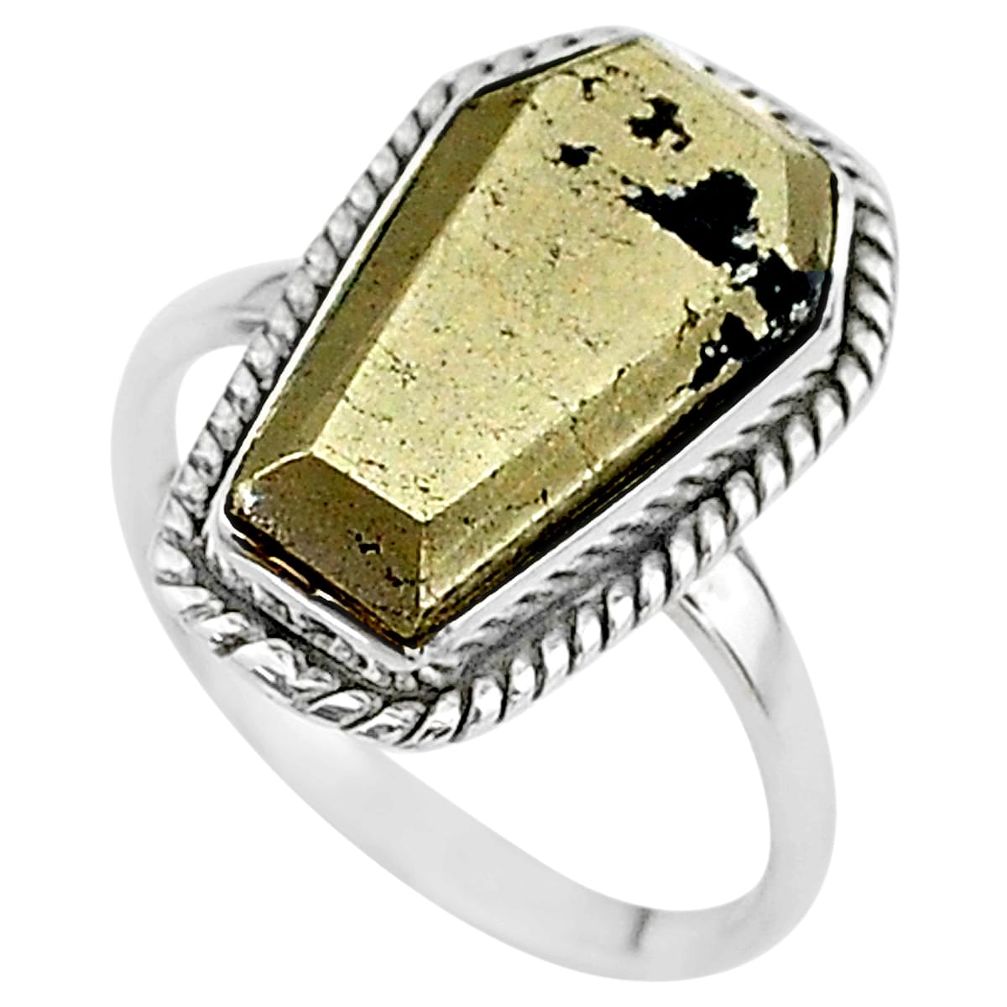 9.47cts coffin natural golden pyrite in magnetite 925 silver ring size 9 t17444