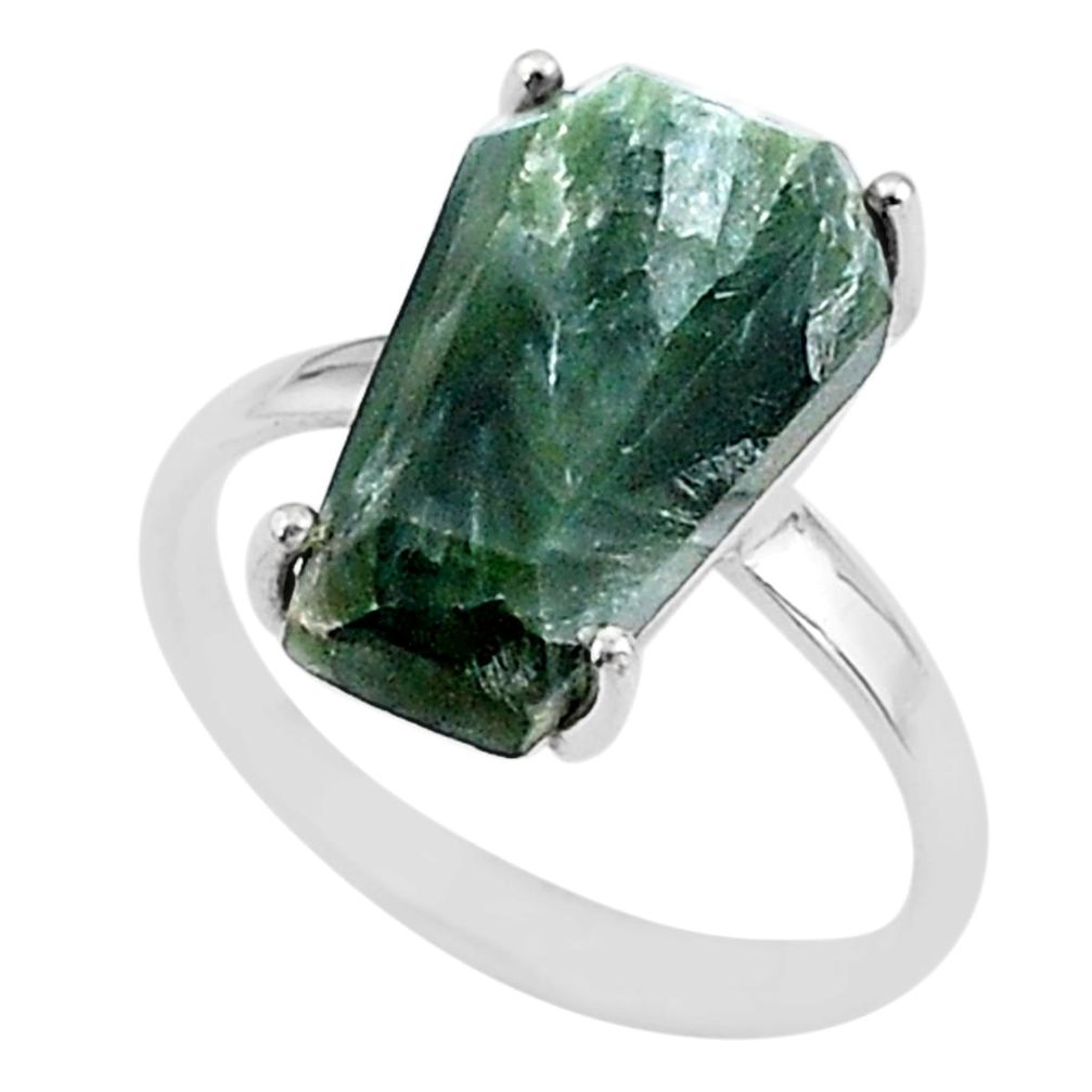 7.66cts coffin natural green seraphinite (russian) 925 silver ring size 8 t17434