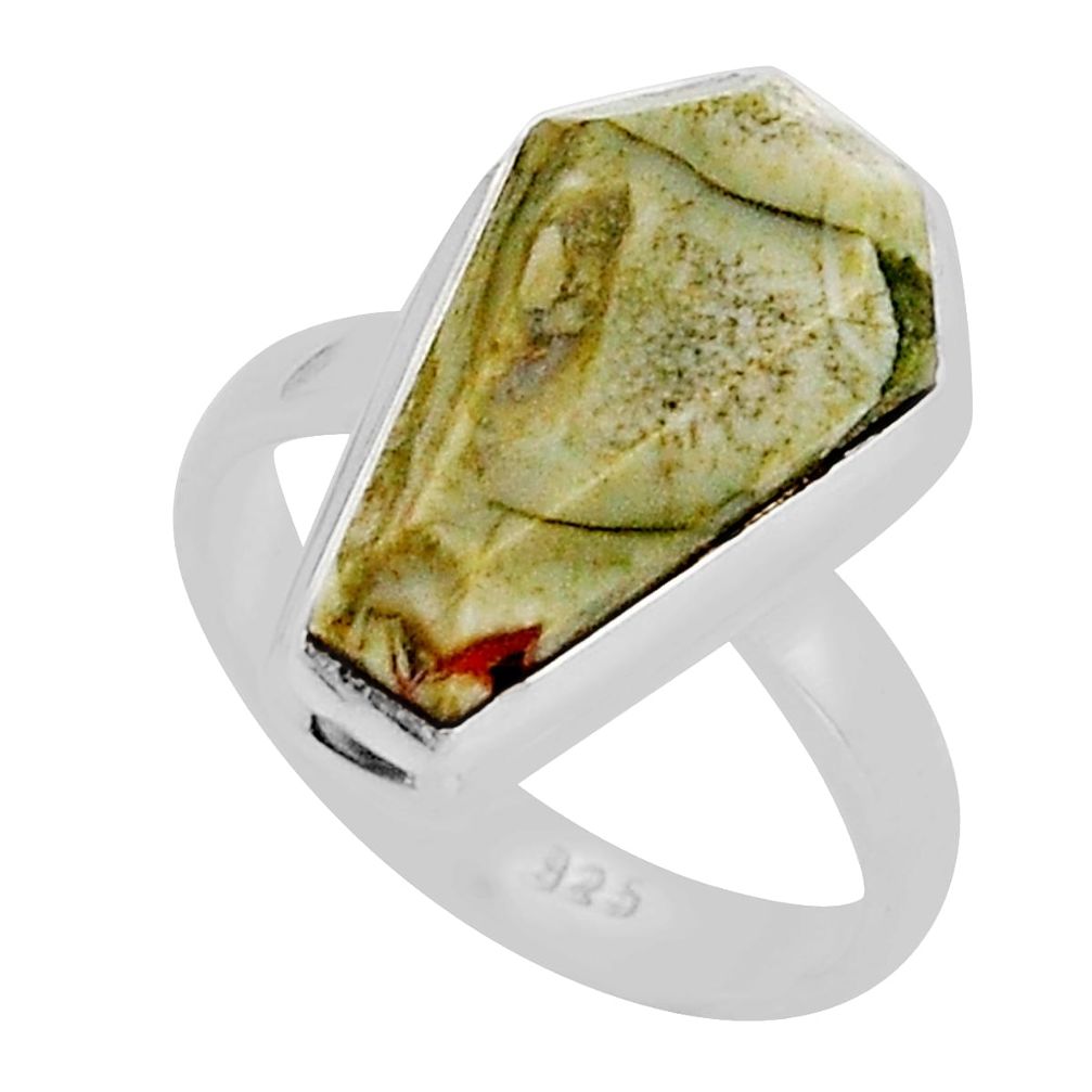 5.54cts coffin natural rainforest rhyolite jasper silver ring size 6.5 y95604