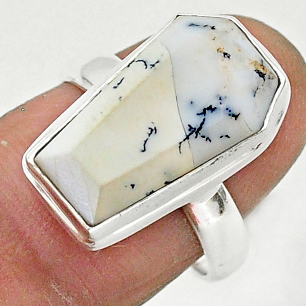 7.81cts coffin natural white dendrite opal silver solitaire ring size 7 r96117