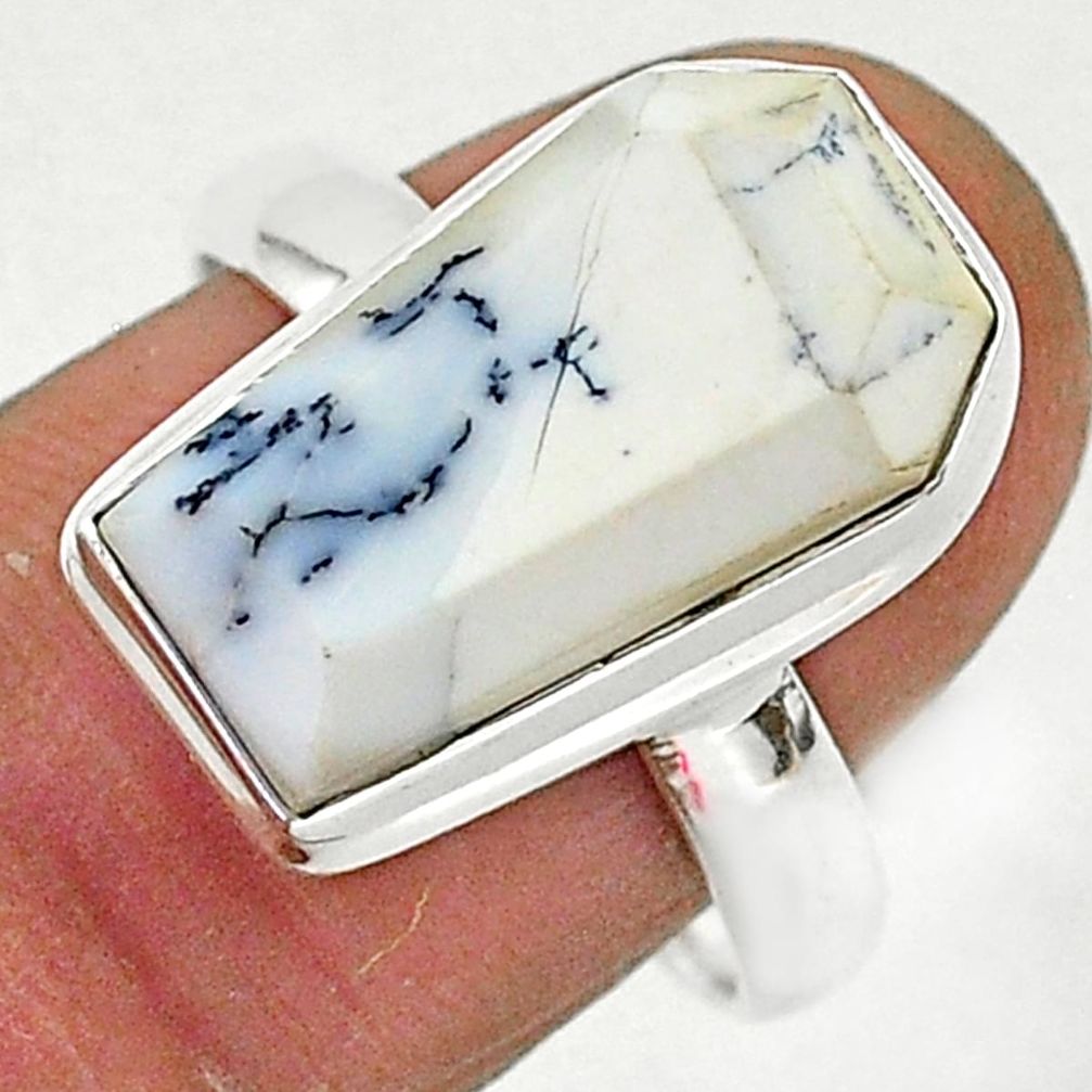 7.95cts coffin natural white dendrite opal silver solitaire ring size 9 r96118