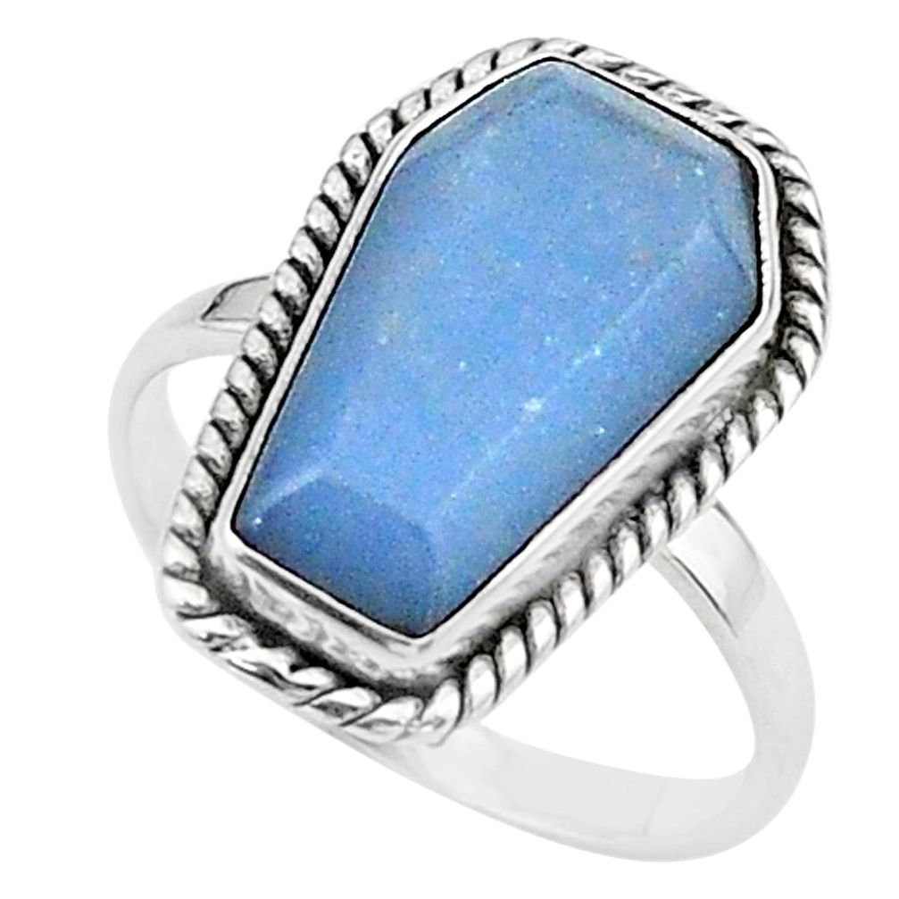 7.69cts coffin solitaire natural blue angelite 925 silver ring size 8 t17482