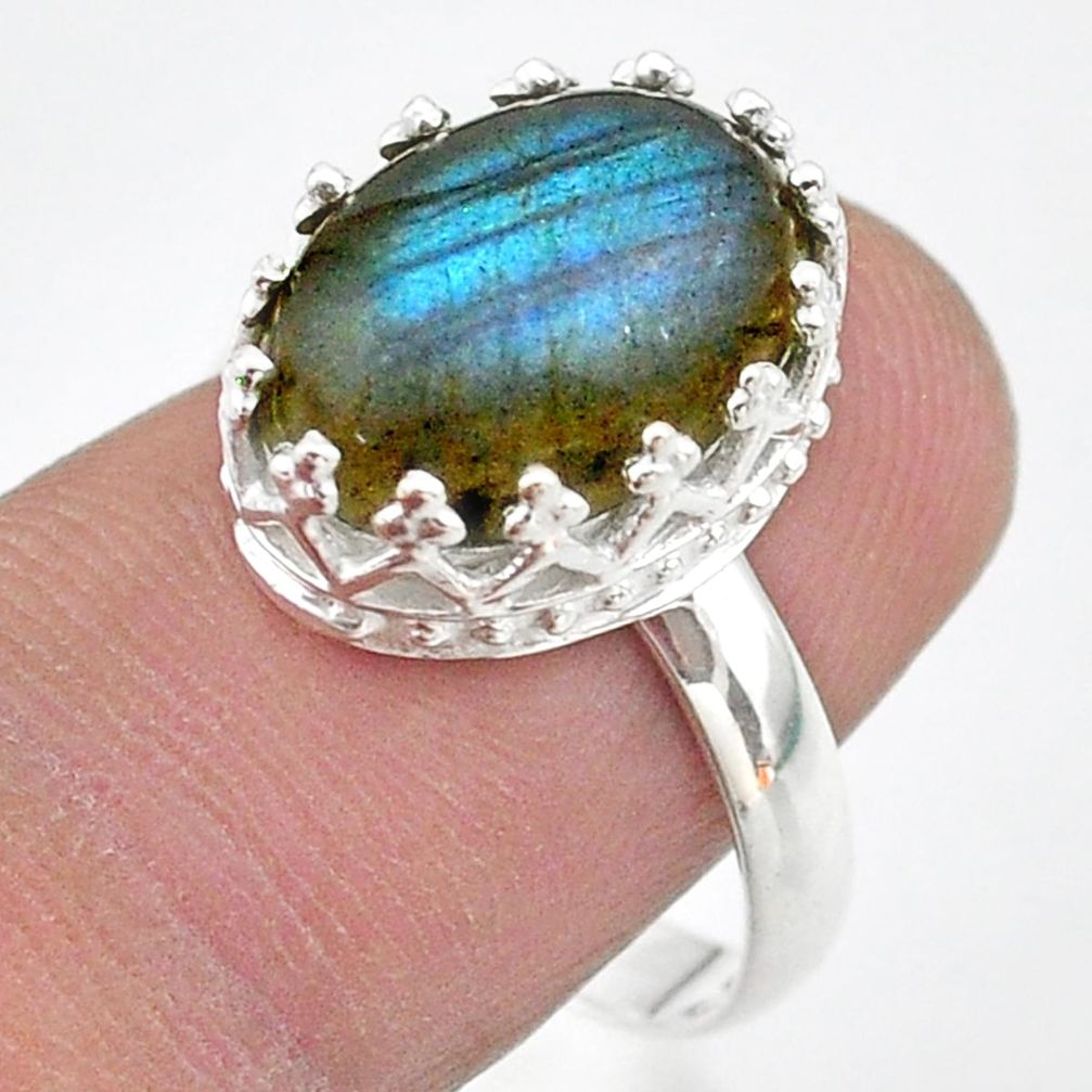 5.68cts crown natural blue labradorite oval 925 silver ring size 8 t43398