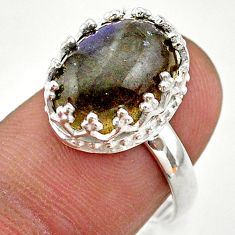 5.96cts crown natural blue labradorite oval 925 silver ring size 7.5 t43414