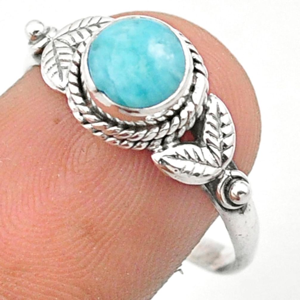 0.99cts deltoid leaf natural blue larimar round 925 silver ring size 8.5 u15385