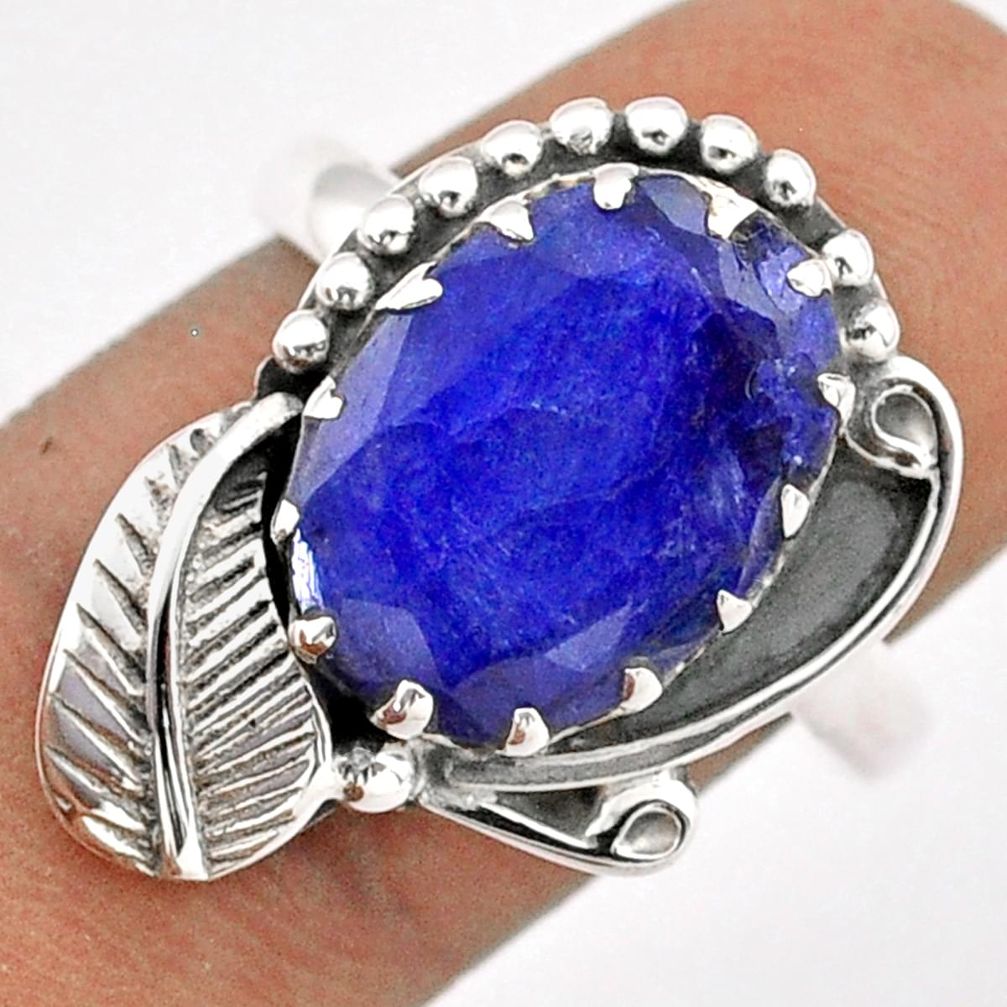 6.31cts deltoid leaf natural blue sapphire oval 925 silver ring size 8.5 t86685