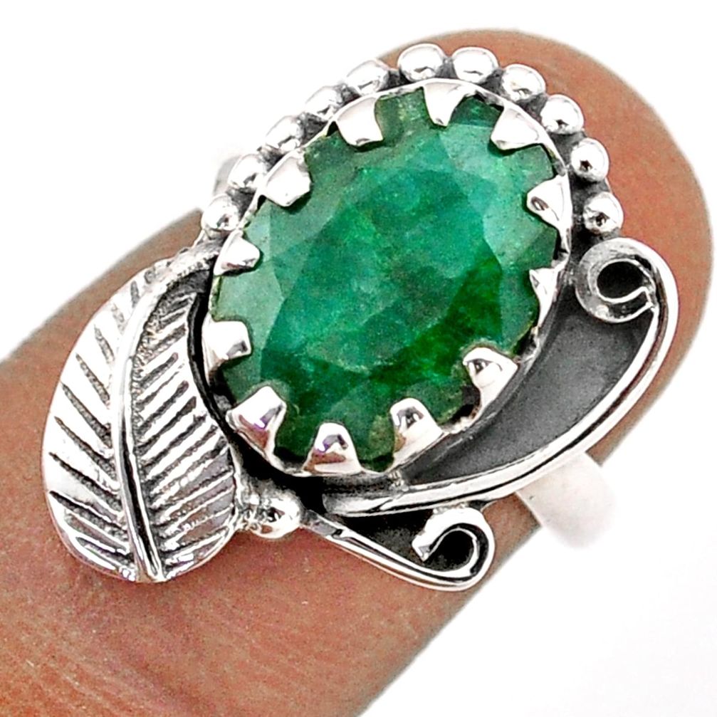 5.21cts deltoid leaf natural green emerald 925 silver ring size 5.5 t86661