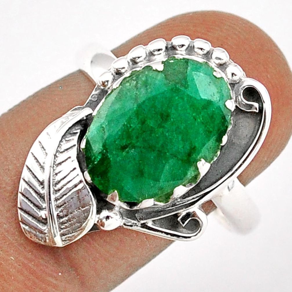 5.10cts deltoid leaf natural green emerald 925 silver ring size 8.5 t86694