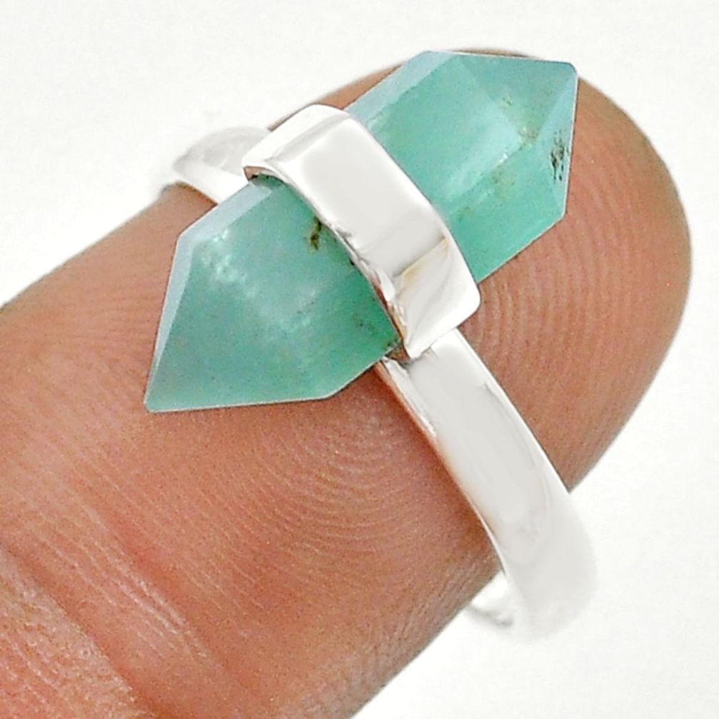 6.14cts double pointer natural aqua chalcedony 925 silver ring size 8 u75295