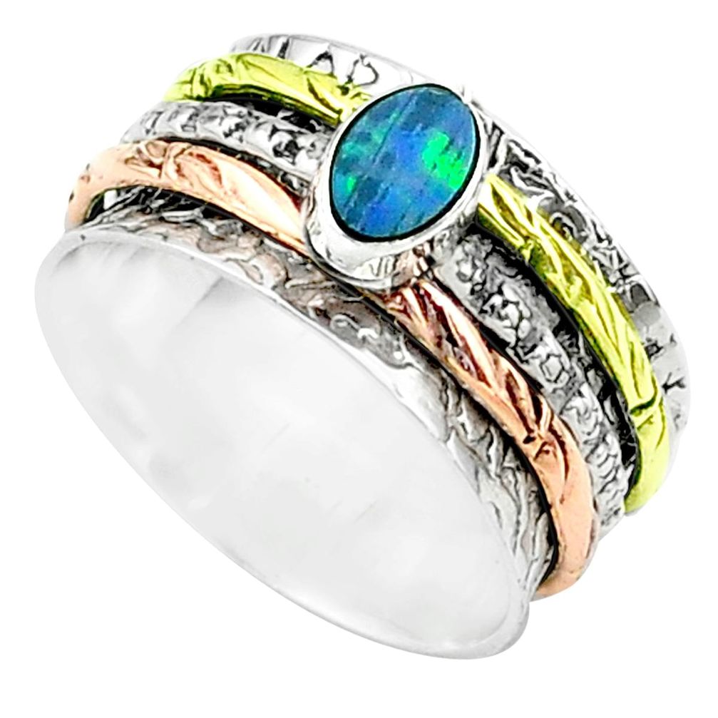 Doublet opal australian 925 silver two tone spinner band ring size 8.5 t51648