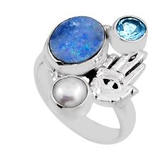 3.62cts doublet opal australian silver hand of god hamsa ring size 6.5 n25877