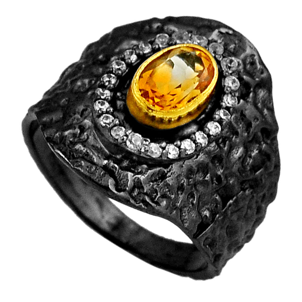 2.35cts faceted black rhodium citrine topaz 925 silver gold ring size 7.5 n26982