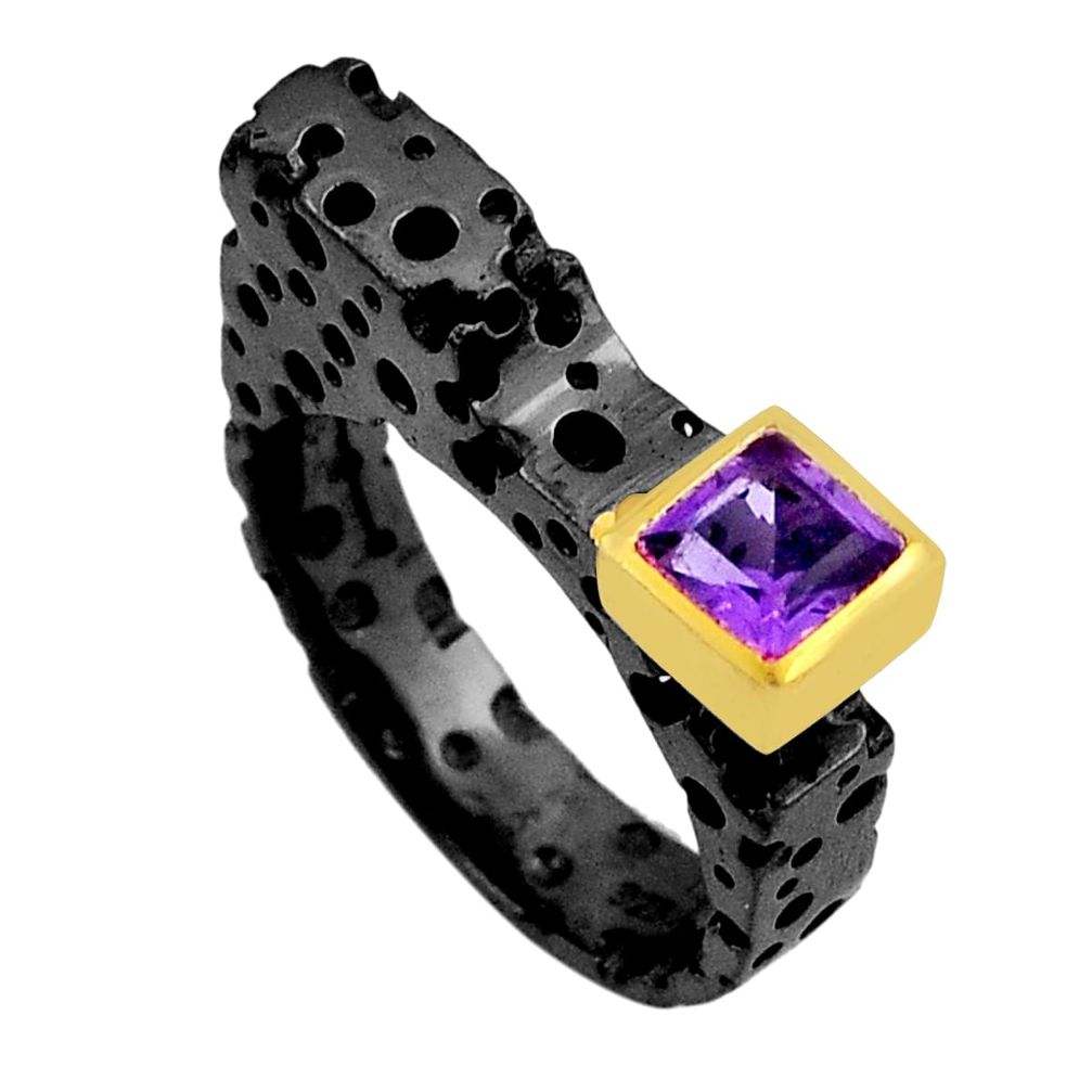 1.09cts faceted black rhodium purple amethyst 925 silver gold ring size 7 n26998