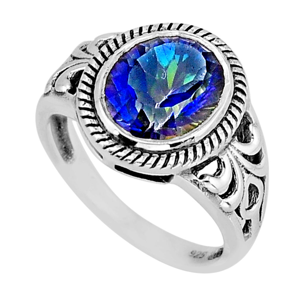 5.09cts faceted blue rainbow topaz oval 925 sterling silver ring size 7.5 y73252
