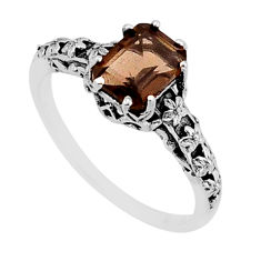 2.09cts faceted brown smoky topaz octagan sterling silver ring size 8.5 y79061