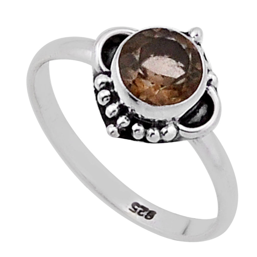 1.09cts faceted brown smoky topaz round 925 sterling silver ring size 6.5 n46534