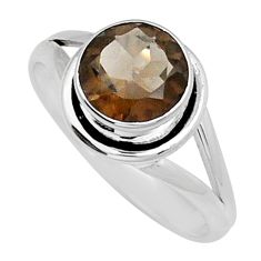 3.26cts faceted brown smoky topaz round 925 sterling silver ring size 8.5 y13730