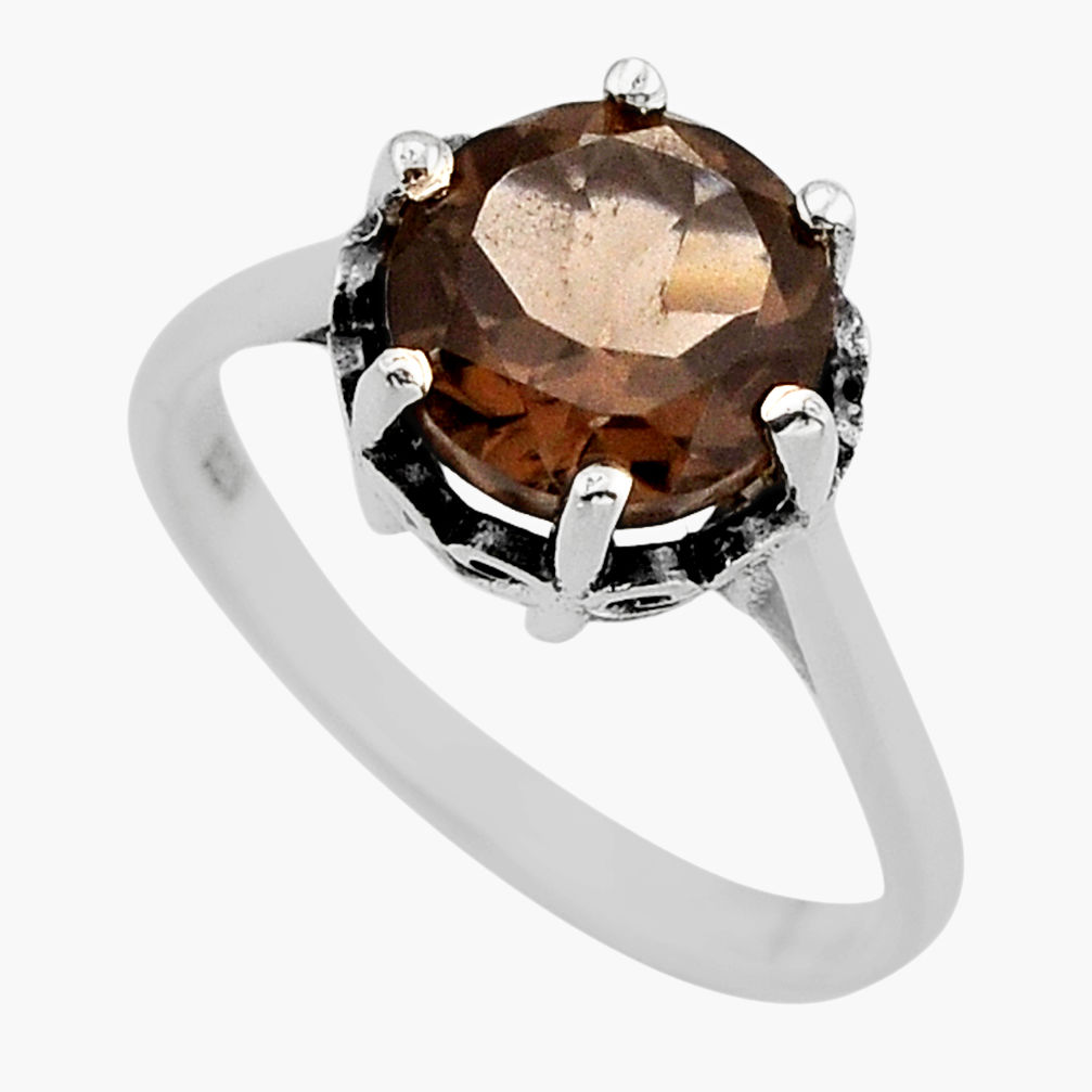 4.89cts faceted brown smoky topaz round 925 sterling silver ring size 6.5 y79101
